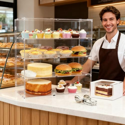 4-Tier Commercial Bakery Display Case, 19.68"x 19.29"x 10.23" Pastry Display Case Countertop Display Cabinet Box for Bread Dessert Food Cookie Baking