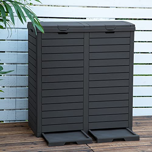 DWVO 76 Gallon Outdoor Resin Trash Can with Dual Lid and Drip Trays, 248 Quart Hideaway Garbage Bin for Porch, Backyard - color: Black, size: 76 Gallon