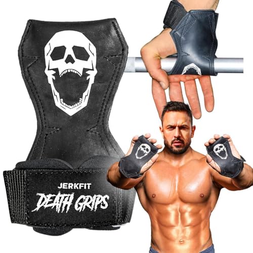 JerkFit Death Grips Premium Lifting Straps - Car Tire Grade Rubber PVC Wrist Straps for Shrugs, Pull Ups & Deadlifts with Neoprene Padded Support - size: Small