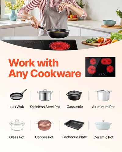 VEVOR 30" 4 Burner Built-in Electric Radiant Cooktop, Touch Sensor Ceramic Stove Top, 7200W,240V Hardwired No Plug, Residual Heat Indicator, Timer Child Lock, 9 Power Levels for Simmer, Steam, Fry - size: 30 IN-4 Burner+Touch Control