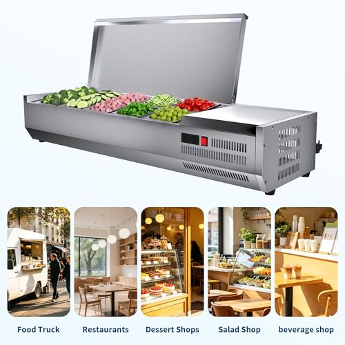 IDEALHOUSE Condiment Prep Rail Station, 140W Countertop Refrigerated Condiment Station, with 3 1/3 & 4 1/6 Pans, 304 Stainless Body and PC Lid, Sandwich Prep Table with Glass Guard, ETL Certified - size: E55TW-G