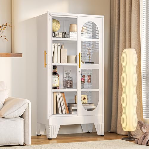 PAOFIN 47" H Locking Display Cabinet with Glass Door, Metal Cabinets with 3 Adjustable Shelves, Cabinet Display Case for Living Room, Collectibles, Clinic, Home - Assembly Required White - color: White, size: 47"