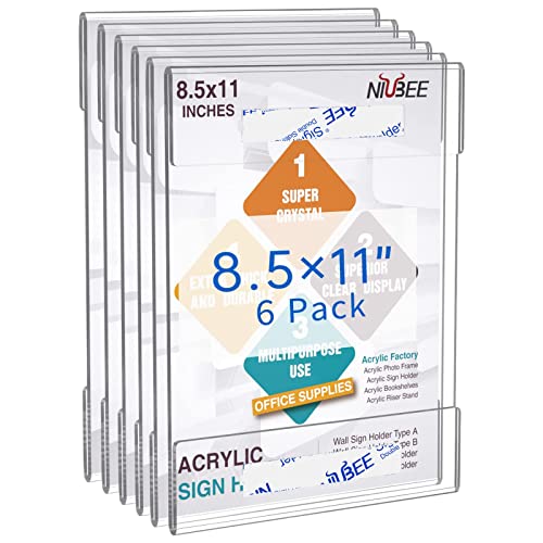 NIUBEE 8.5 x 11 Acrylic Sign Holder Wall Mount Clear Frame 6 Pack - size: 8.5x11"