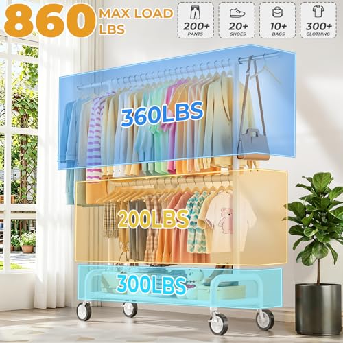 Heavy Duty Clothes Rack Load 860LBS, Double Rods Rolling Clothing Racks for Hanging Clothes, Rolling Garment Rack With Sturdy Wheels Shelves, Portable & Adjustable Commercial Garment Rack, White - color: White, size: 15.0" x 63.4" x 74.8"(2 Rods)