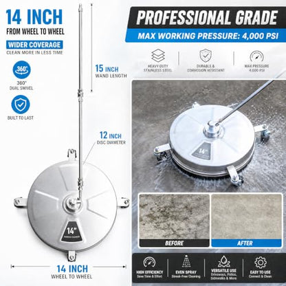 Hourleey 14" Pressure Washer Surface Cleaner, Stainless Steel Surface Cleaner with 4 Wheels for Concrete, Patio, Sidewalk, Deck, Pathway 1/4" Quick Connector, 2 Extension Wand, 4000 PSI - size: 14 Inch