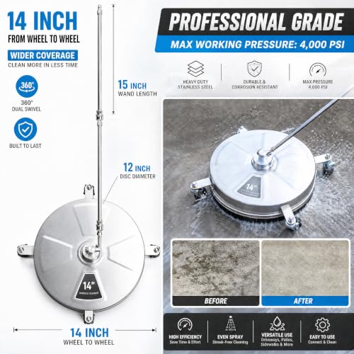 Hourleey 14" Pressure Washer Surface Cleaner, Stainless Steel Surface Cleaner with 4 Wheels for Concrete, Patio, Sidewalk, Deck, Pathway 1/4" Quick Connector, 2 Extension Wand, 4000 PSI - size: 14 Inch