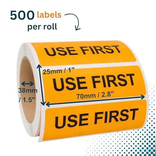 USE First Medical Stickers, 500/Roll, Fluoro Orange Courier & Handling Labels, 2.8" x 1" (70mm x 25mm), Permanent Adhesive - style: USE FIRST