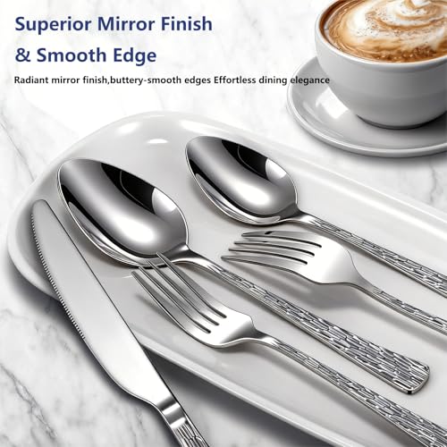 Yoehka 60Piece Hammered Silverware Set,Stainless Steel Flatware Set for 12 - style: 60Pcs Tree Pattern Handles