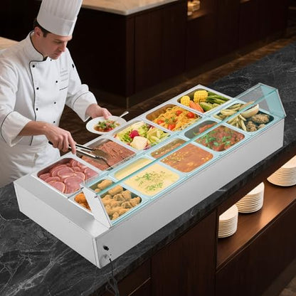 VEVOR Commercial Food Warmer, 1700W Electric Stainless Steel Steam Food Warmer with Glass Cover, 10-Pan Countertop Buffet Bain Marie with Soup & Perforated Ladles, for Catering, Restaurant & Party - size: 10x1/2Pan;120QT