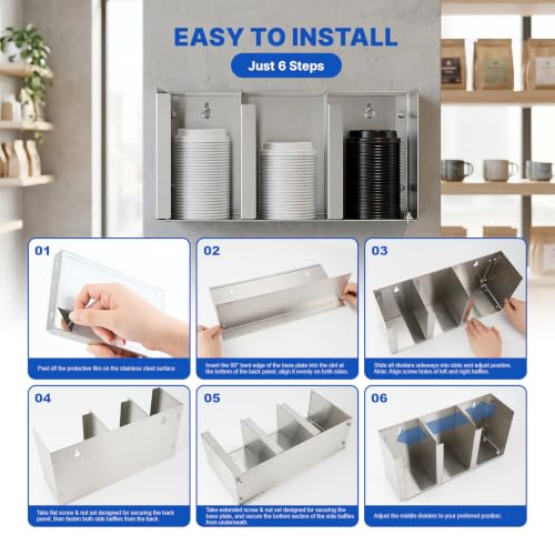 Stainless Steel Cup Dispenser, Cup and Lid Holder with Adjustable Dividers