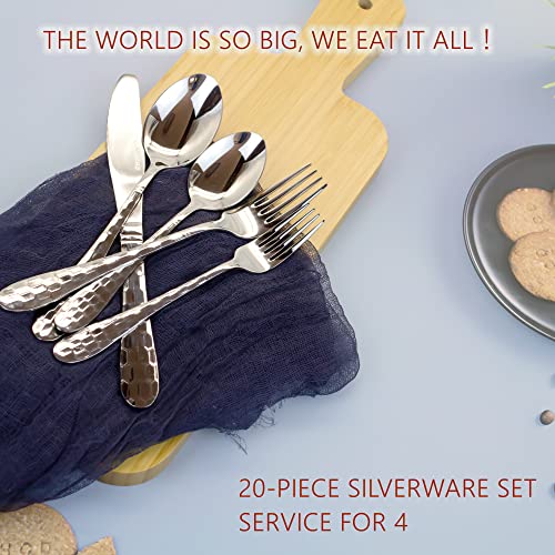 20-Piece Silverware Set, Flatware Cutlery Silverware Set Service for 4, 18/10 Hammered Stainless Steel Utensils Tableware Set Include Knife Spoon Fork, Unique Design, Mirror Polished (Silver) - color: Silver