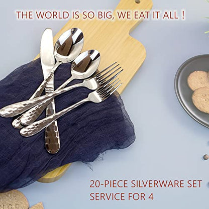 20-Piece Silverware Set, Flatware Cutlery Silverware Set Service for 4, 18/10 Hammered Stainless Steel Utensils Tableware Set Include Knife Spoon Fork, Unique Design, Mirror Polished (Silver) - color: Silver