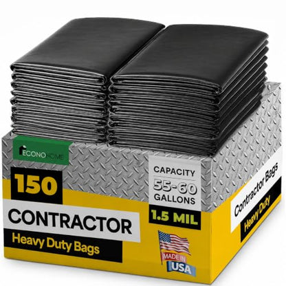 EconoHome 55-60 Gallon Heavy Duty Trash Bags - 1.5 Mil Black Contractor Garbage Bags for Construction, Industrial, Outdoor & Commercial Use - Made in USA - Large, 38"x58"