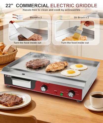 22" Commercial Electric Griddle 1500W, Flat Top Grill with 5-Min Reminder Timer, Adjustable Temp Control (122°F-572°F), Stainless Steel Countertop Griddle for Restaurant & Home Kitchen - size: 22"