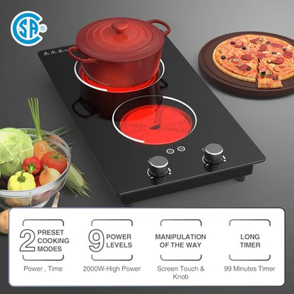 GIHETKUT Electric Cooktop,110V 2100W Electric Stove Top with Knob Control, 10 Power Levels, Kids Lock & Timer, Hot Surface Indicator, Overheat Protection,Built-in Radiant Double induction cooktop - size: 2 burner electric stove