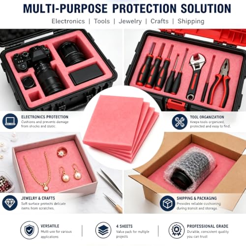 4 Pcs 14.8" x 9.5" x 0.8"Pink Polyethylene Foam Sheets,Cuttable Foam Inserts,Antistatic Foam Blocks Pad for Toolbox Camera Storage and Crafts Protection Shipping