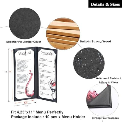 4.25 x 11 inches Menu Holder 10 Packs Menu Covers 2 View Leather Book Style Double Fold Panel for Restaurant Coffee Bars（4.25” x 11” /Book Style /10 Pcs） - size: 4.25 x 11 inch/2 views/10 pcs