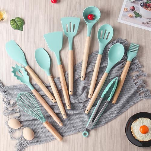 Kitchen Cooking Utensils and Knife Set with Holder Block, 19 Pieces Cooks Cutting Set 11 Pcs Silicone Cooking Utensils Sharp Stainless Steel Knives Scissors Whisk Tongs and Cutting Board (Teal) - color: Teal