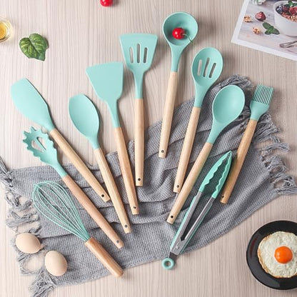 Kitchen Cooking Utensils and Knife Set with Holder Block, 19 Pieces Cooks Cutting Set 11 Pcs Silicone Cooking Utensils Sharp Stainless Steel Knives Scissors Whisk Tongs and Cutting Board (Teal) - color: Teal