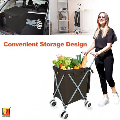 Wellmax Folding Shopping Cart with Canvas Bag & Cover, Holds 120 lb, Black - color: Black