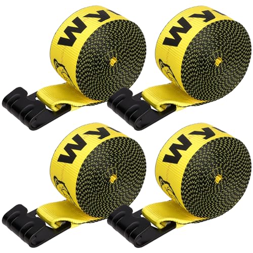 Winch Straps with Flat Hooks, Heavy Duty Tie Down Strap, 4 Pack - color: Yellow-4Pack