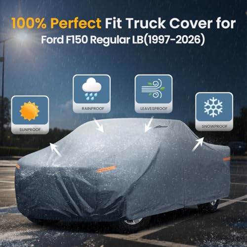 Truck Cover Custom Fit F 150 1997-2026 Regular Long Bed(8'-8.1') with Door Zipper, 10 Layers Heavy Duty Pickup Truck Cover Waterproof All Weather, Car Tarp for Wind Dust Sun Protection. - size: Custom fit Ford F 150 Regular Cab LB