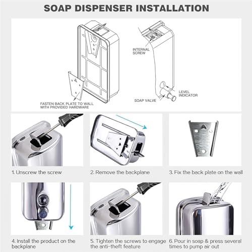 Commercial Soap Dispenser Stainless Steel Wall Mount for Bathroom and Kitchen with Premium Anti-Leak Pump and Corrosion-Proof Lining, 800ML 8182 - size: 800ml
