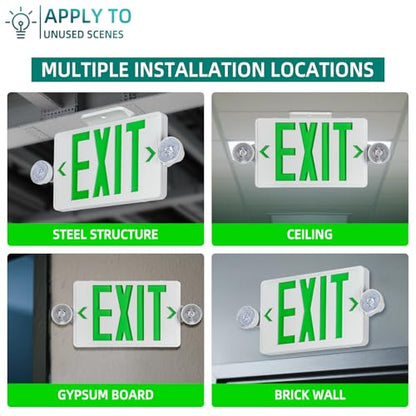 Green LED Exit Sign Emergency Light Combo UL, 6 Pack - color: White Housing+Green Letter+Light, size: 6 Pack