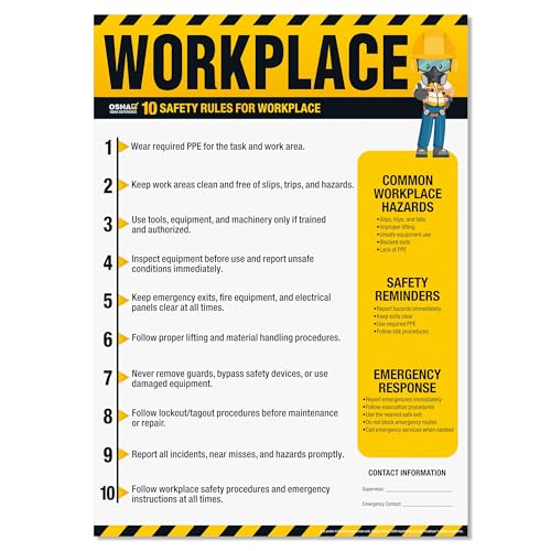 Workplace Safety Poster – OSHA Workplace Safety Rules Chart, 10 Safety Guidelines, Hazard Awareness, Emergency Response, Waterproof, Tear-Resistant Training Sign - size: Workplace