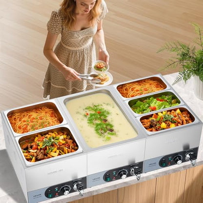 VEVOR Commercial Food Warmer, 1200W Electric Stainless Steel Steam Food Warmer, Fast Heating Countertop Buffet Bain Marie with Detachable Power Cord, for Catering, Restaurants, Parties & Buffets - size: 3*1/3Pan;20CM Depth