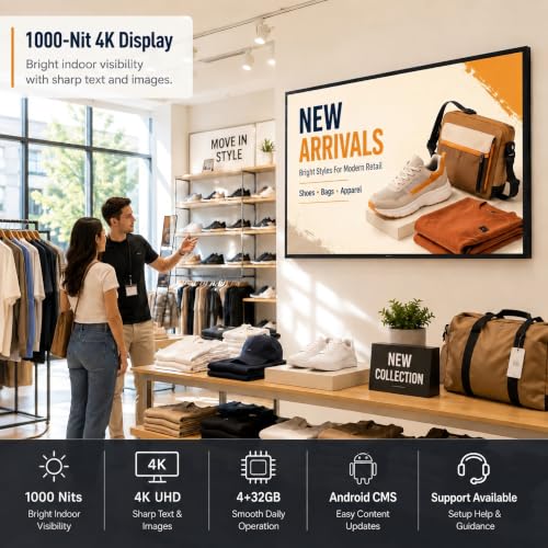 50" Wall-Mounted Digital Signage Display, 4K Menu Board - size: 50 Inch