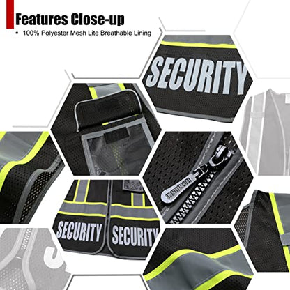 2 Pack Retro-Reflection Security Safety Vests Heavy Duty Black Mesh with 5 Pockets and Front Zipper (2/Black-22,M) - color: Black-2, size: Medium