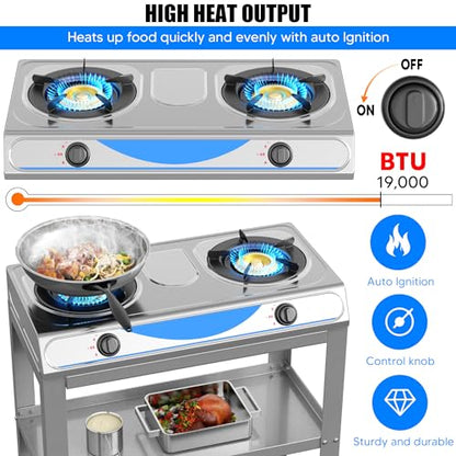 Propane Gas Stove,2 Burner Propane Burner, with Removable Leg,Auto Ignition Camping Stove,Portable Gas Stove for RV, Apartment, Outdoor - color: Silver