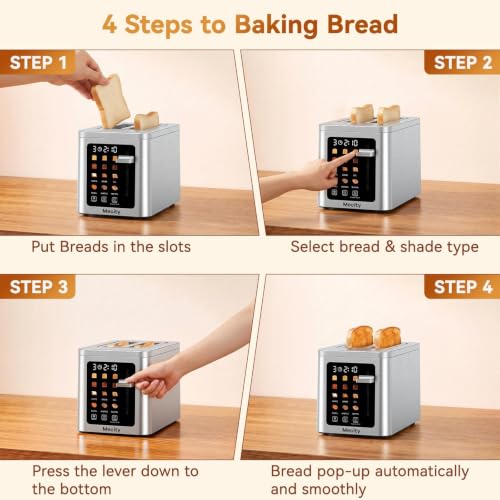 Mecity 2 Slice Toaster Smart Touchscreen, Stainless Steel Wide Slot Toasters Defrost, Reheat, Memory Function, Auto Shutoff, Digital Electric Bread Toaster for Bagel Muffin Waffle, 120V - color: 2 Slot-Brushed stainless steel