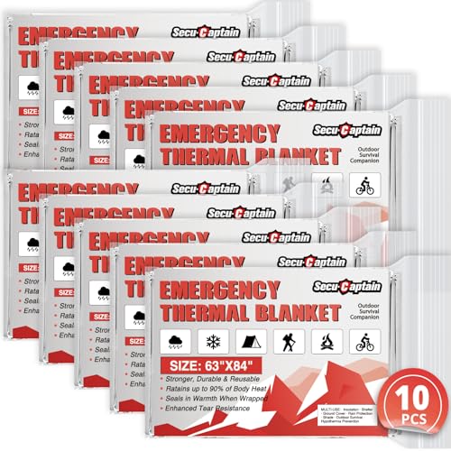 SecuCaptain Survival Emergency Thermal Blankets: 4/10/25/30/50/75/100 PCS Extra Large 84” x63” Space Mylar Blanket Kit for Outdoor Cold Winter Camping Hiking Car Bug Out Bag or First Aid - color: Sliver, size: 10 Pack