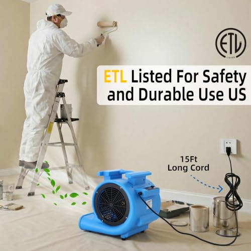 Commercial 1 HP Air Mover Fan for Water Damage Restoration,4000 CFM Industrial Carpet Dryer, Blower Fans,3-Speed Floor Fan with Daisy Chain - size: 1hp