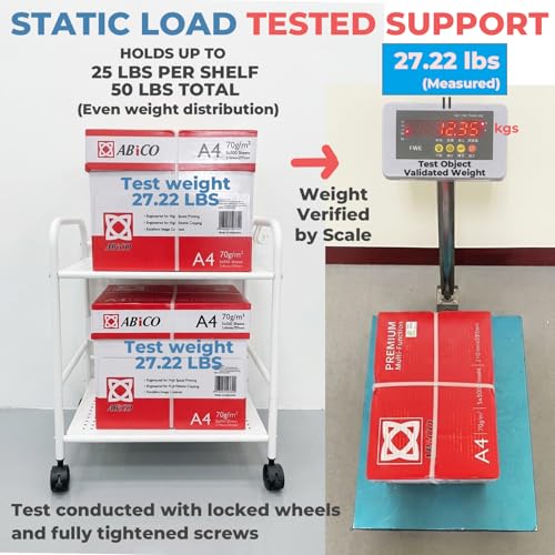 2-Tier Metal Rolling Cart, Compact Under Desk Storage Organizer - color: White