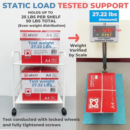 2-Tier Metal Rolling Cart, Compact Under Desk Storage Organizer - color: White