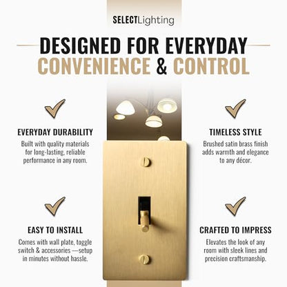 Select 1-Gang Solid Brass Toggle Switch, 3-Way Compatible with Faceplate - color: Satin Brass, size: 1 Gang, style: Toggle Switch