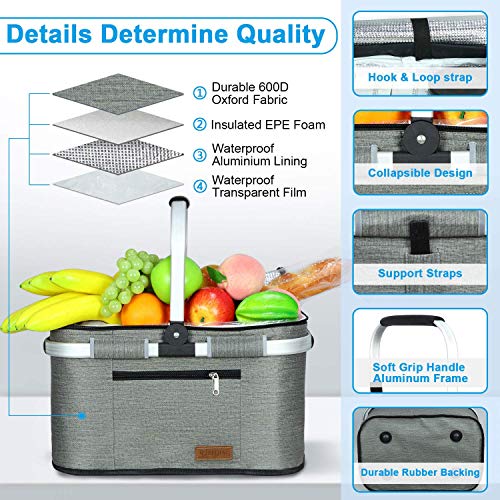 LIQING 35L Large Picnic Basket 2 Layers of Internal Pockets Leak-Proof and Insulated ，Folding with Internal Support for enhansed Stability, Wedding Gifts for Couple(Grey) - color: Gray