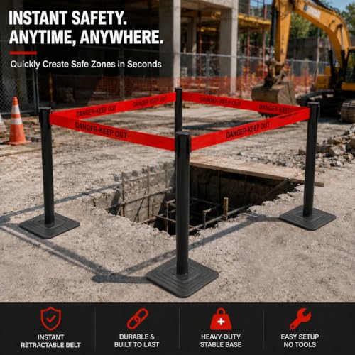 4-Pack Black Crowd Control Stanchions with 10FT Red Retractable "Danger Keep Out Belt", Heavy Duty Safety Barrier Posts for Construction, Warehouses & Events - color: Danger Keep Out Belt, size: Rectangular Base