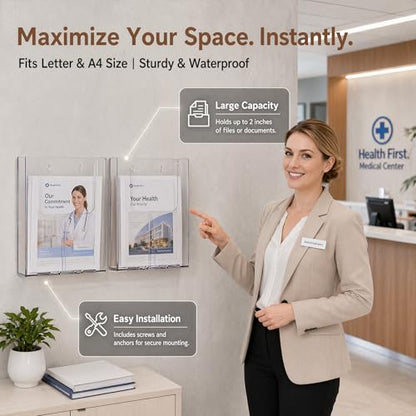 Cabilock 2 pack Clear Acrylic Wall File Holder Wall Mounted Brochure Magazine Organizer File Organizer Mount for Office Mall Exhibition Hotel A4 9.88 X 8.85 X 1.65 in - color: 2PCS