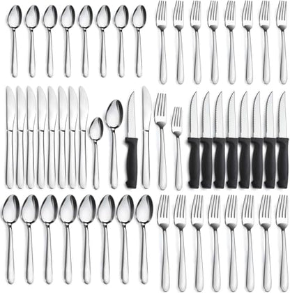 Pleafind 48-Piece Stainless Steel Silverware Set for 8 - Heavy Duty Flatware Set Including Steak Knives, Forks, Spoons and Dinner Knives, Mirror Polished Kitchen Utensils Set, Dishwasher Safe - size: 48 pieces