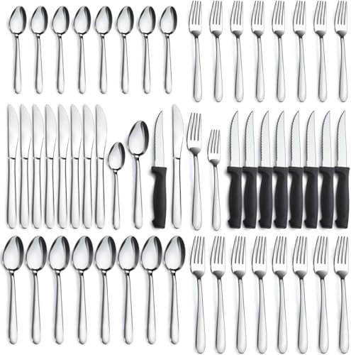 Pleafind 48-Piece Stainless Steel Silverware Set for 8 - Heavy Duty Flatware Set Including Steak Knives, Forks, Spoons and Dinner Knives, Mirror Polished Kitchen Utensils Set, Dishwasher Safe - size: 48 pieces
