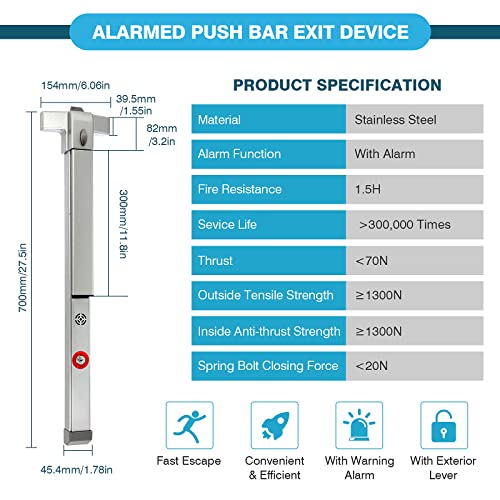 IRONWALLS 27.5" Push Bar Panic Exit Device with Alarm & Exterior Lever - color: Silver, size: 27.5 Inch