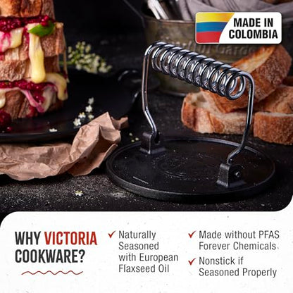 Victoria Round Cast-Iron Meat Press with a Wire Handle, Preseasoned with Flaxseed Oil, Made in Colombia - color: Black