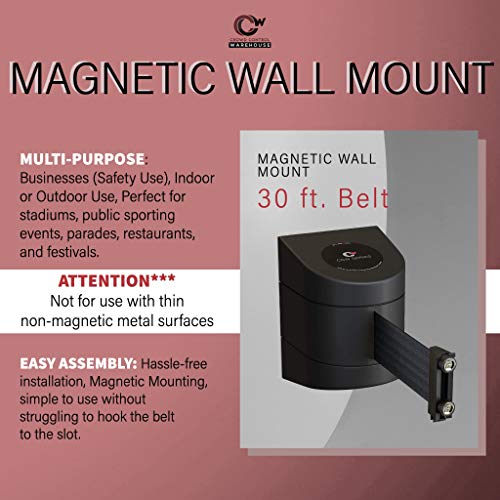 Crowd Control Warehouse - CCW Series WMB-230 Magnetic Wall Mount Retractable Belt Barrier - 30 Foot Belt, Black with"Please Wait HERE" White Letters Belt with Black ABS Case - color: PLEASE WAIT HERE, size: 30 foot belt