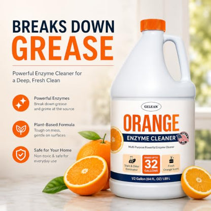 Multi-Purpose Probiotic Enzyme orange Cleaner, 1/2 Gallon (64 oz.) - Pet Stain and Odor Remover - Concentrated - Professional & Home Strength Drains, Floors, Bathrooms, Toilets Trash Can, Made in USA
