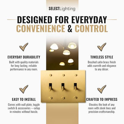 Select 3-Gang Solid Brass Toggle Switch, 3-Way Compatible with Faceplate - color: Satin Brass, size: 3 Gang, style: Toggle Switch