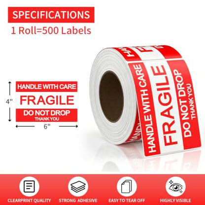4" X 6" Fragile Stickers for Shipping &Moving, 2 Rolls Fragile Labels - size: 4" x 6"